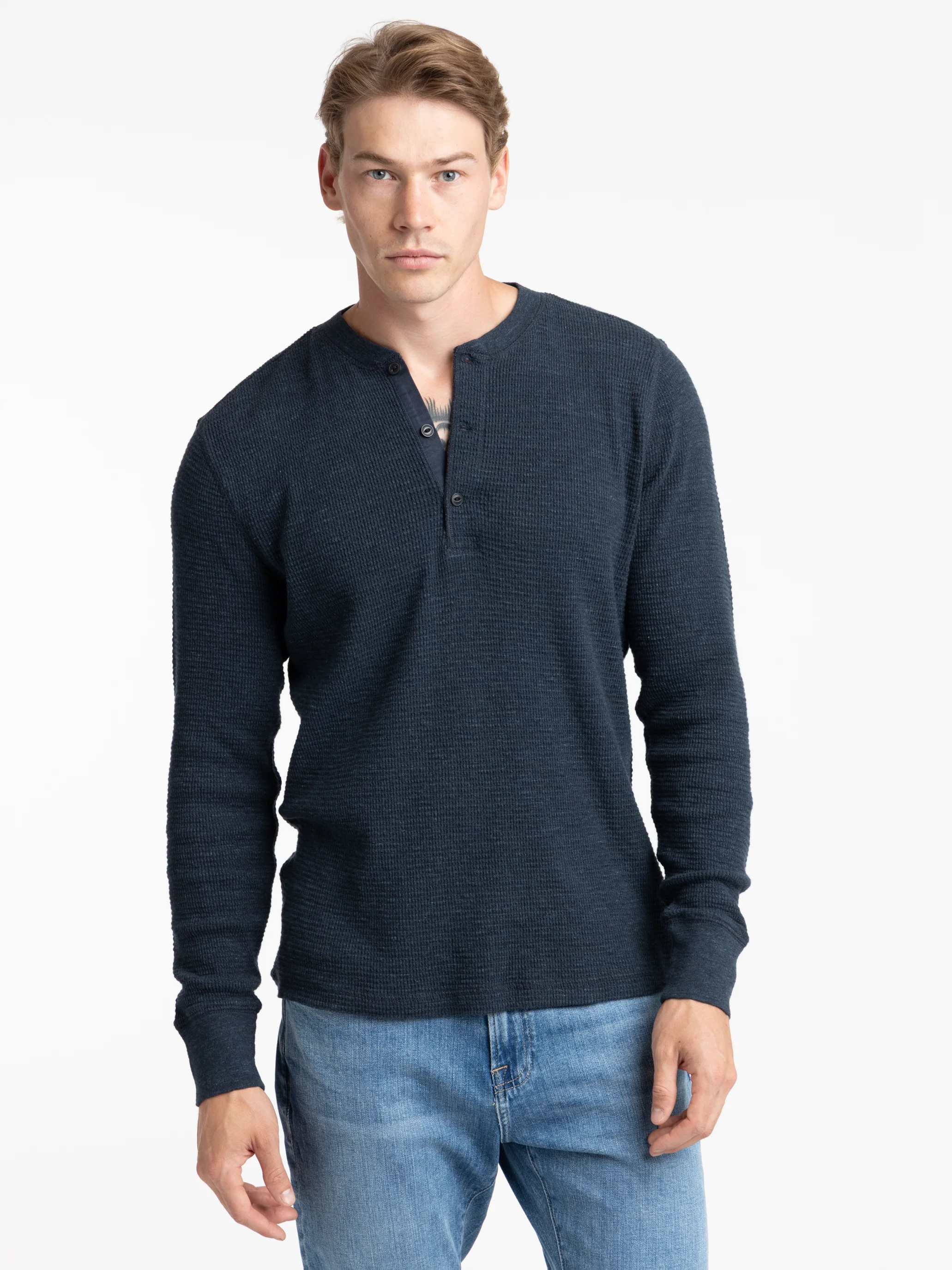 Navy Cotton Waffle-Knit Henley Shirt