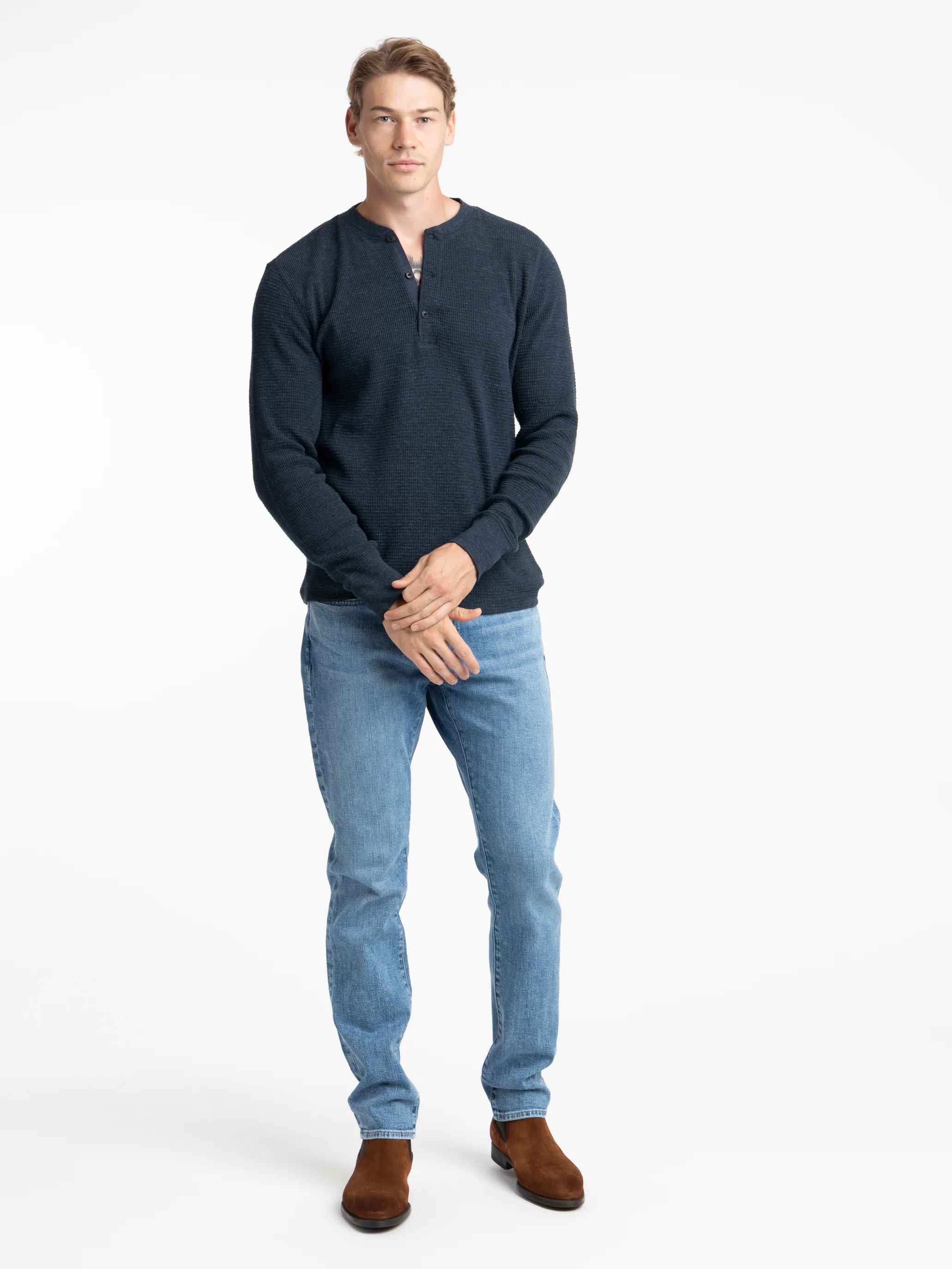 Navy Cotton Waffle-Knit Henley Shirt - Image 2