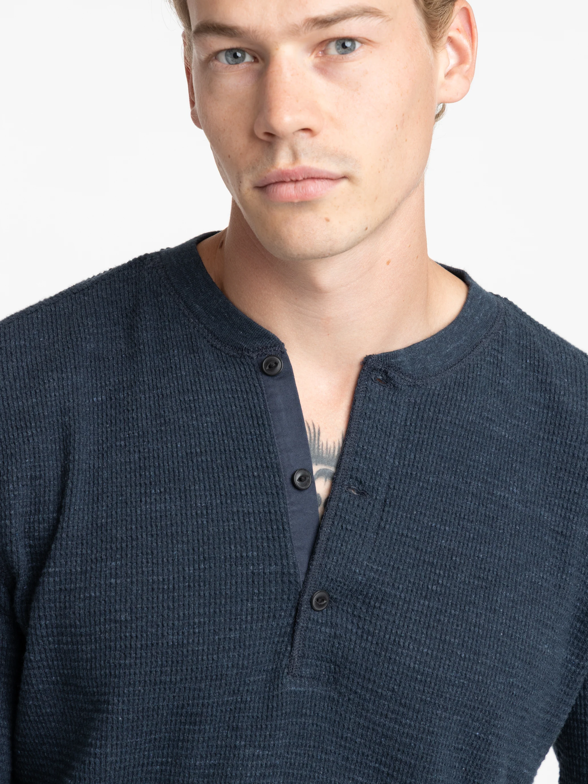 Navy Cotton Waffle-Knit Henley Shirt - Image 3