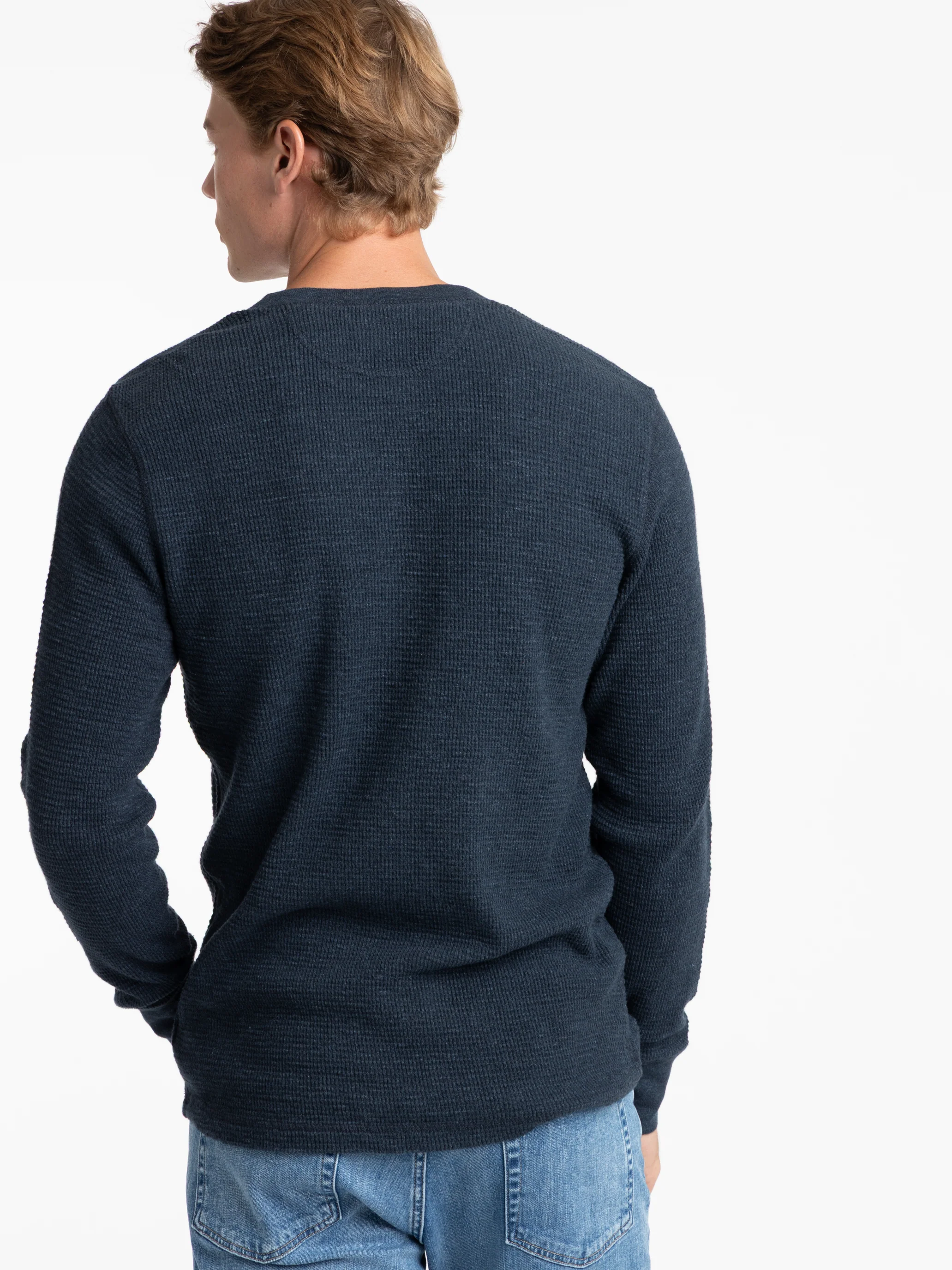 Navy Cotton Waffle-Knit Henley Shirt - Image 6