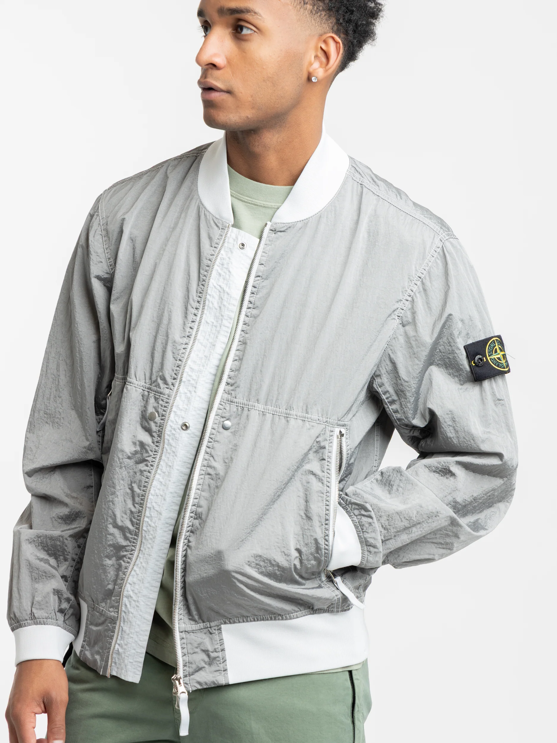 Grey Nylon Metal Bomber Jacket