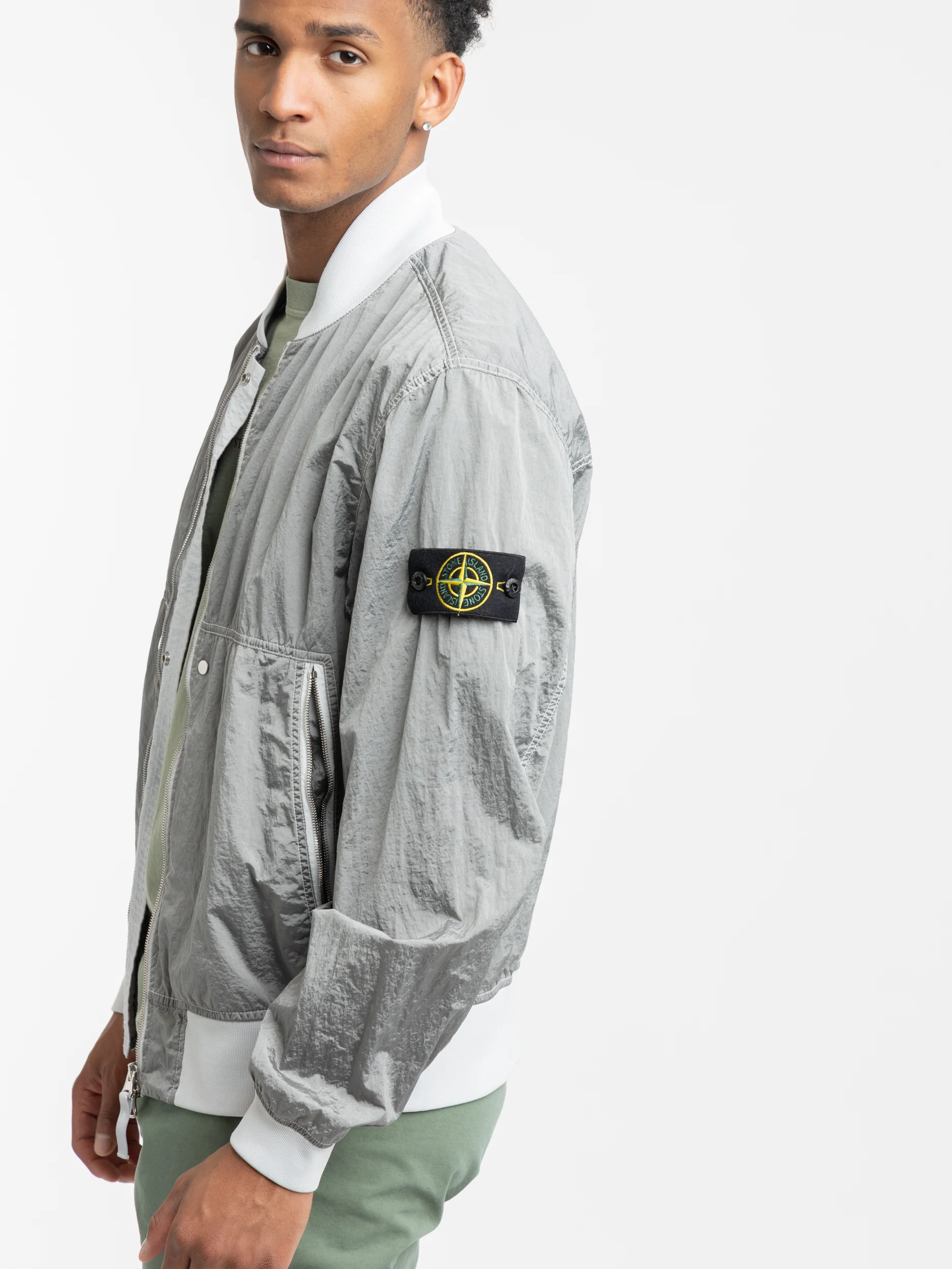 Grey Nylon Metal Bomber Jacket - Image 3