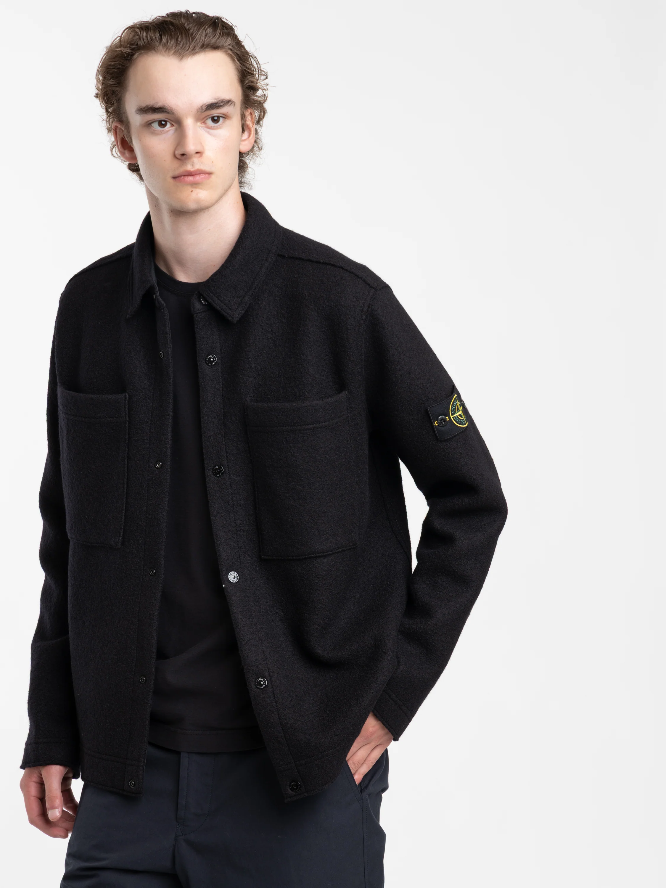 Black Wool Button-Up Shirt With Chest Pockets
