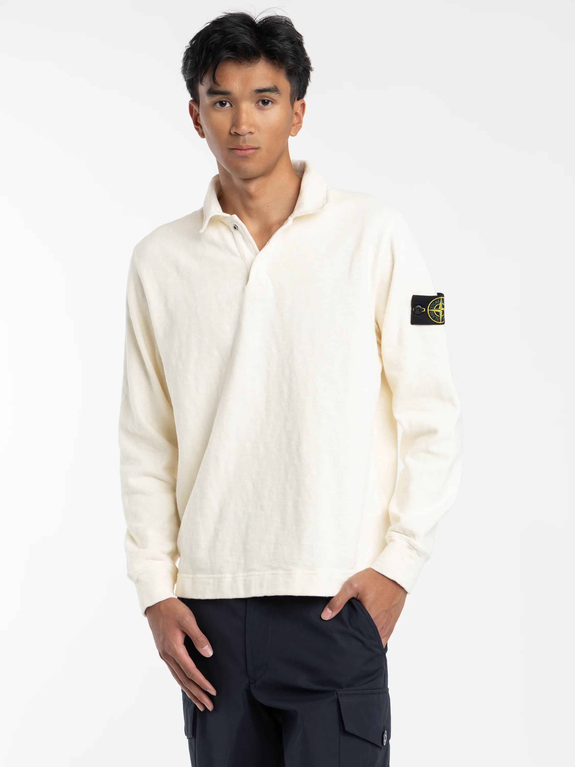 Cream Vanise Brushed Heavy Cotton Jersey Polo Sweatshirt