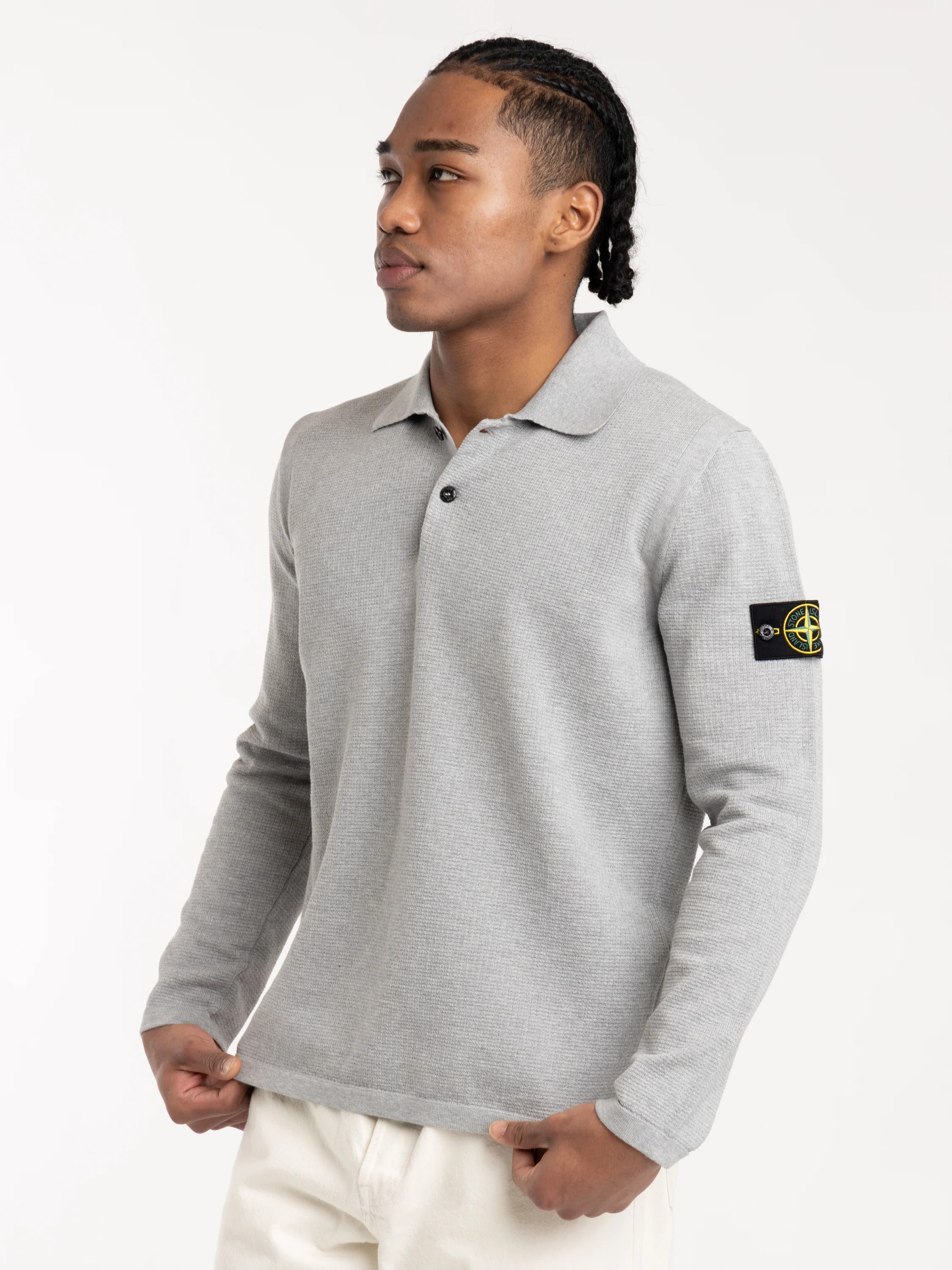 Grey Loose-fit Long Sleeve Polo with Ribbed Trims