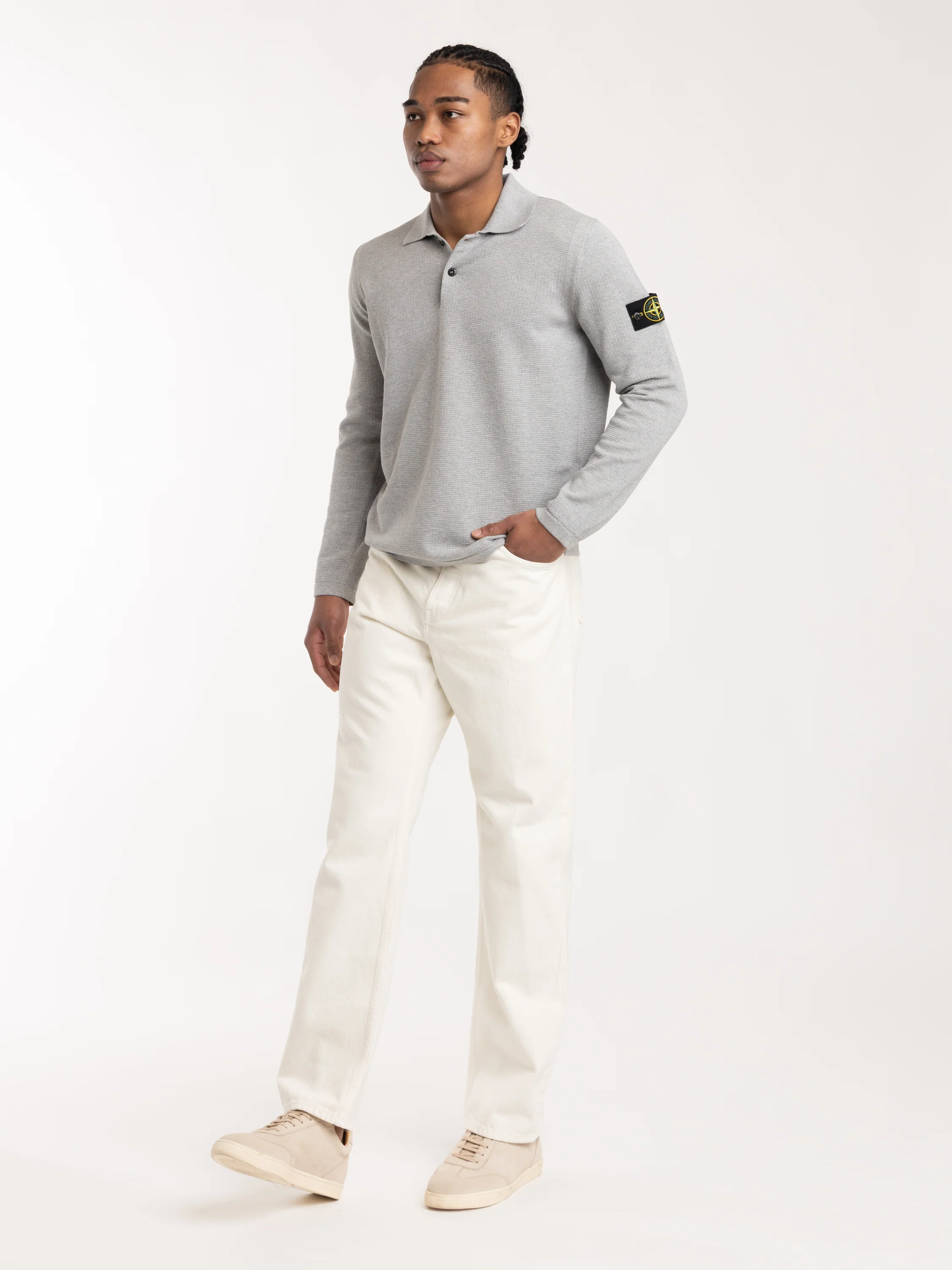 Grey Loose-fit Long Sleeve Polo with Ribbed Trims - Image 2
