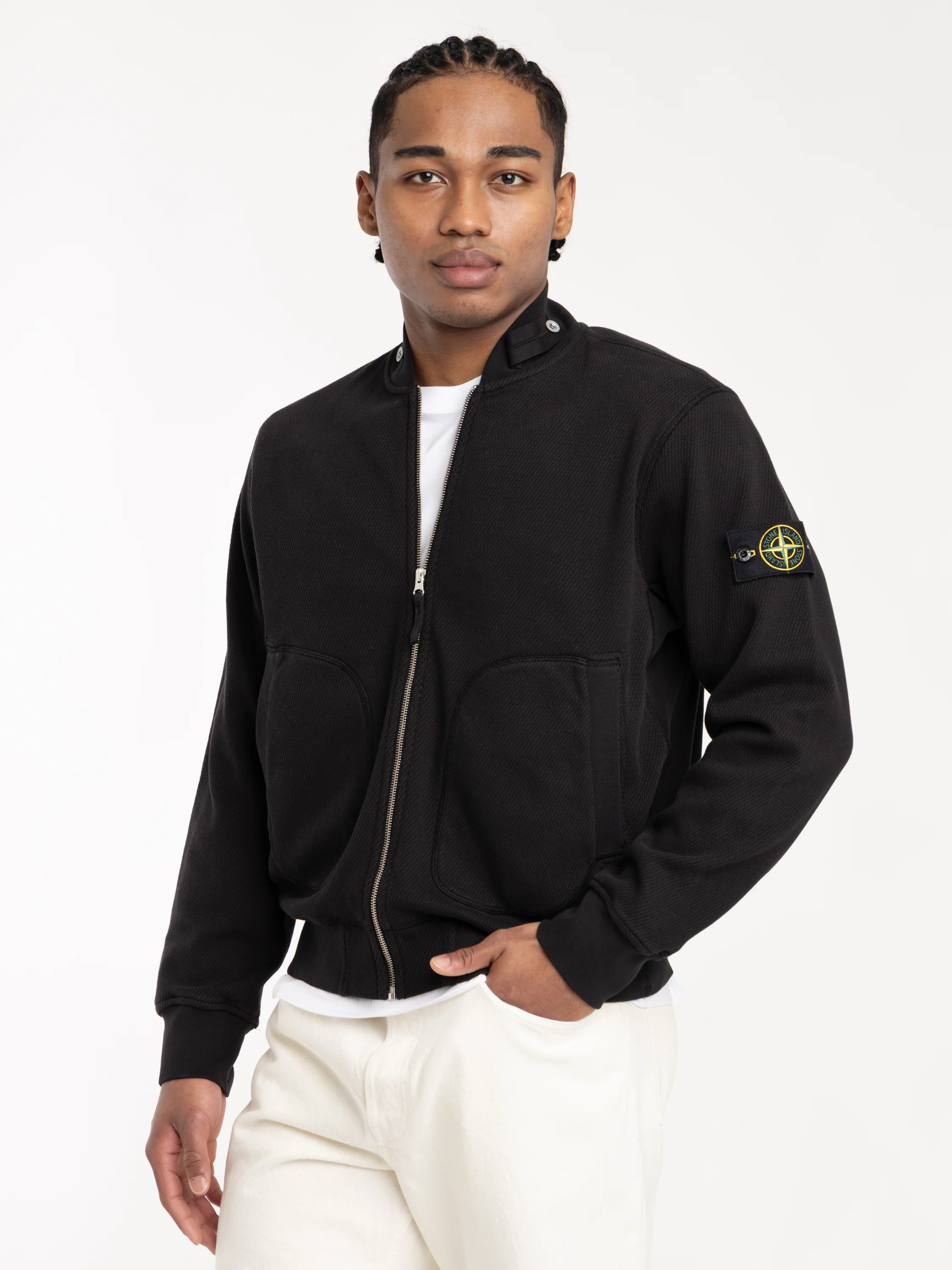 Black Mesh Stitch Organic Cotton Fleece Track Jacket with Pockets