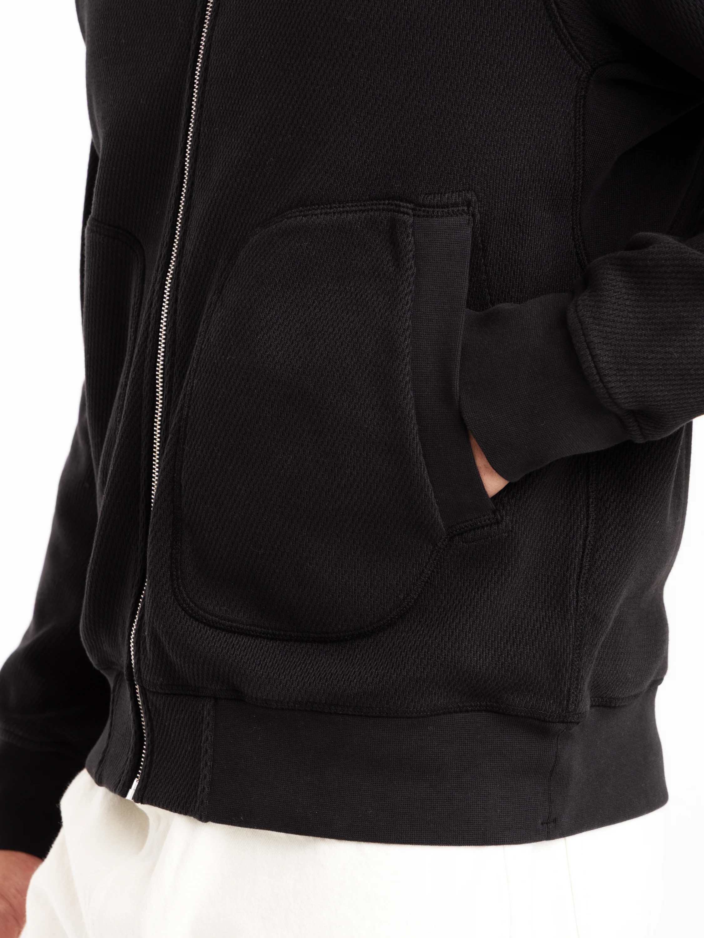 Black Mesh Stitch Organic Cotton Fleece Track Jacket with Pockets - Image 10