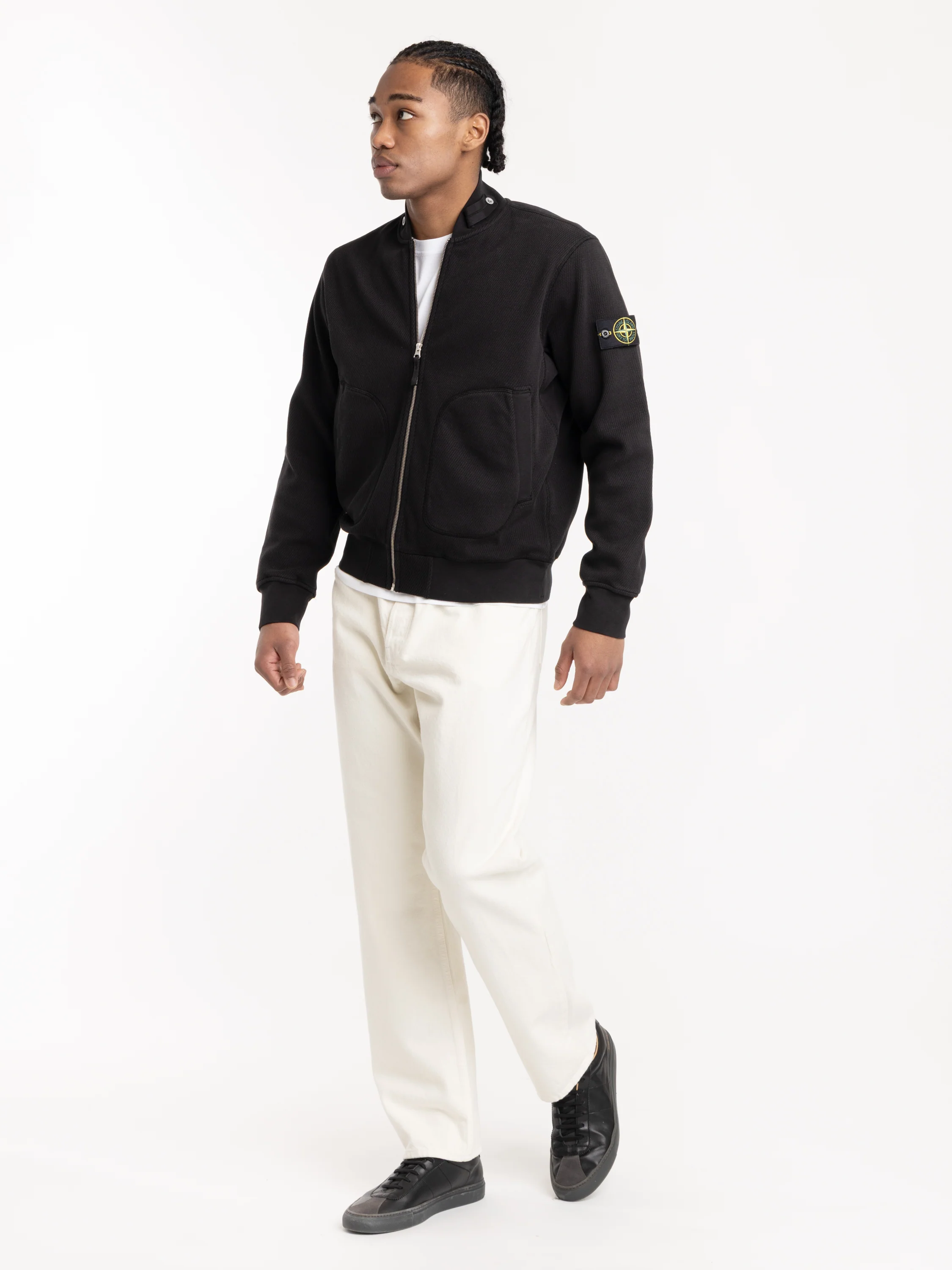 Black Mesh Stitch Organic Cotton Fleece Track Jacket with Pockets - Image 2