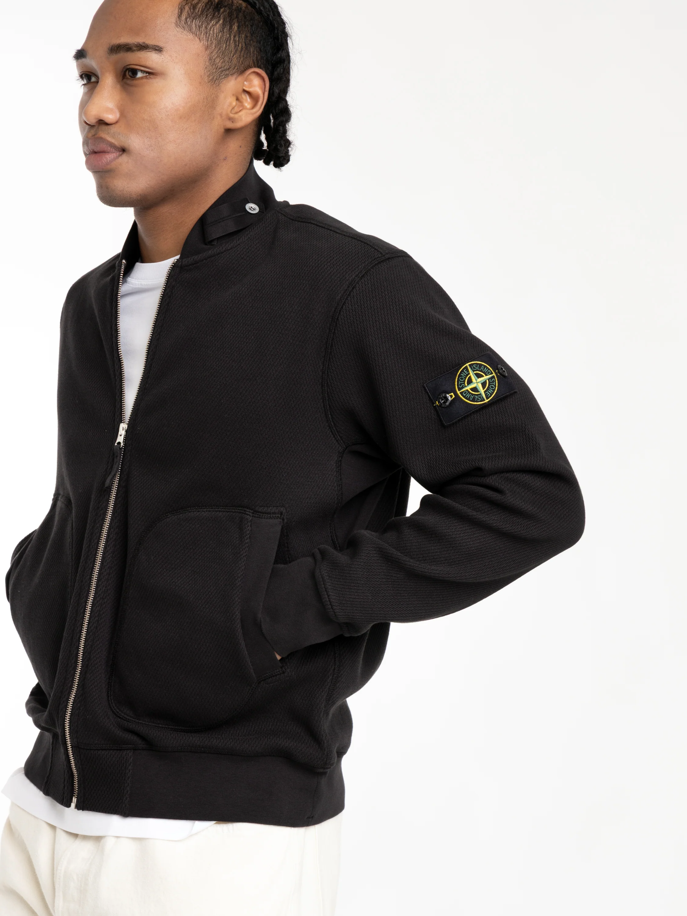 Black Mesh Stitch Organic Cotton Fleece Track Jacket with Pockets - Image 3