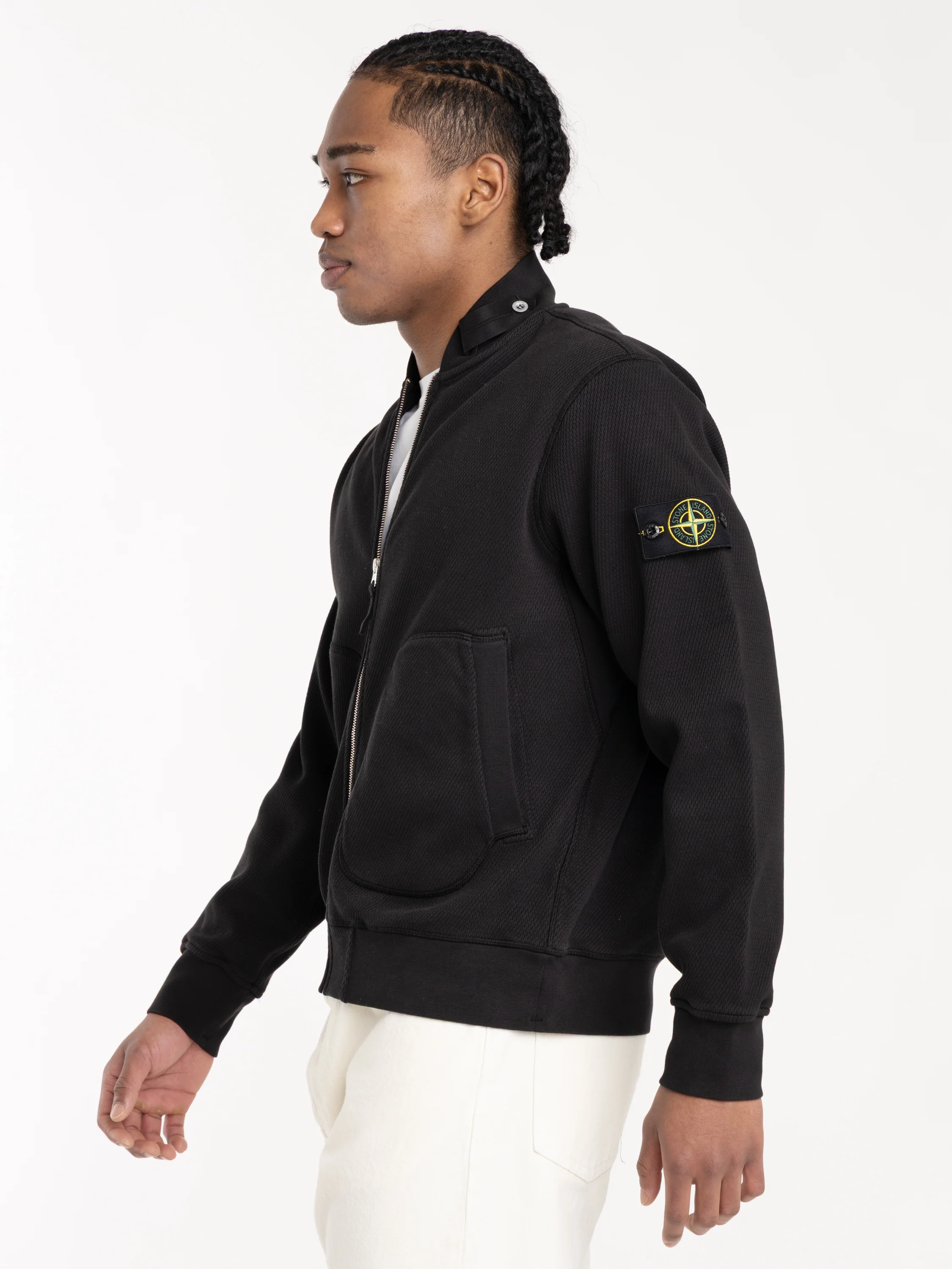 Black Mesh Stitch Organic Cotton Fleece Track Jacket with Pockets - Image 5