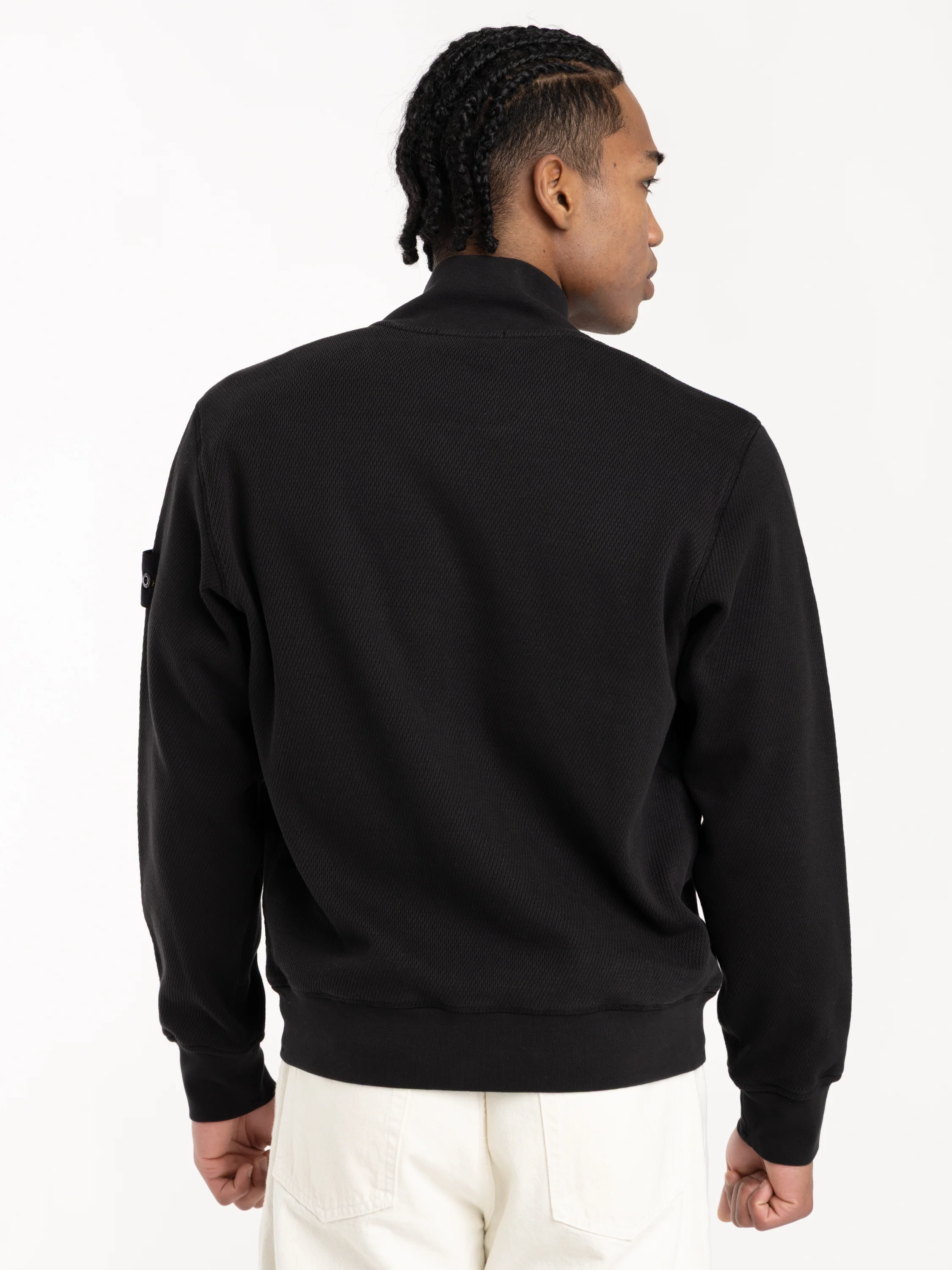 Black Mesh Stitch Organic Cotton Fleece Track Jacket with Pockets - Image 6