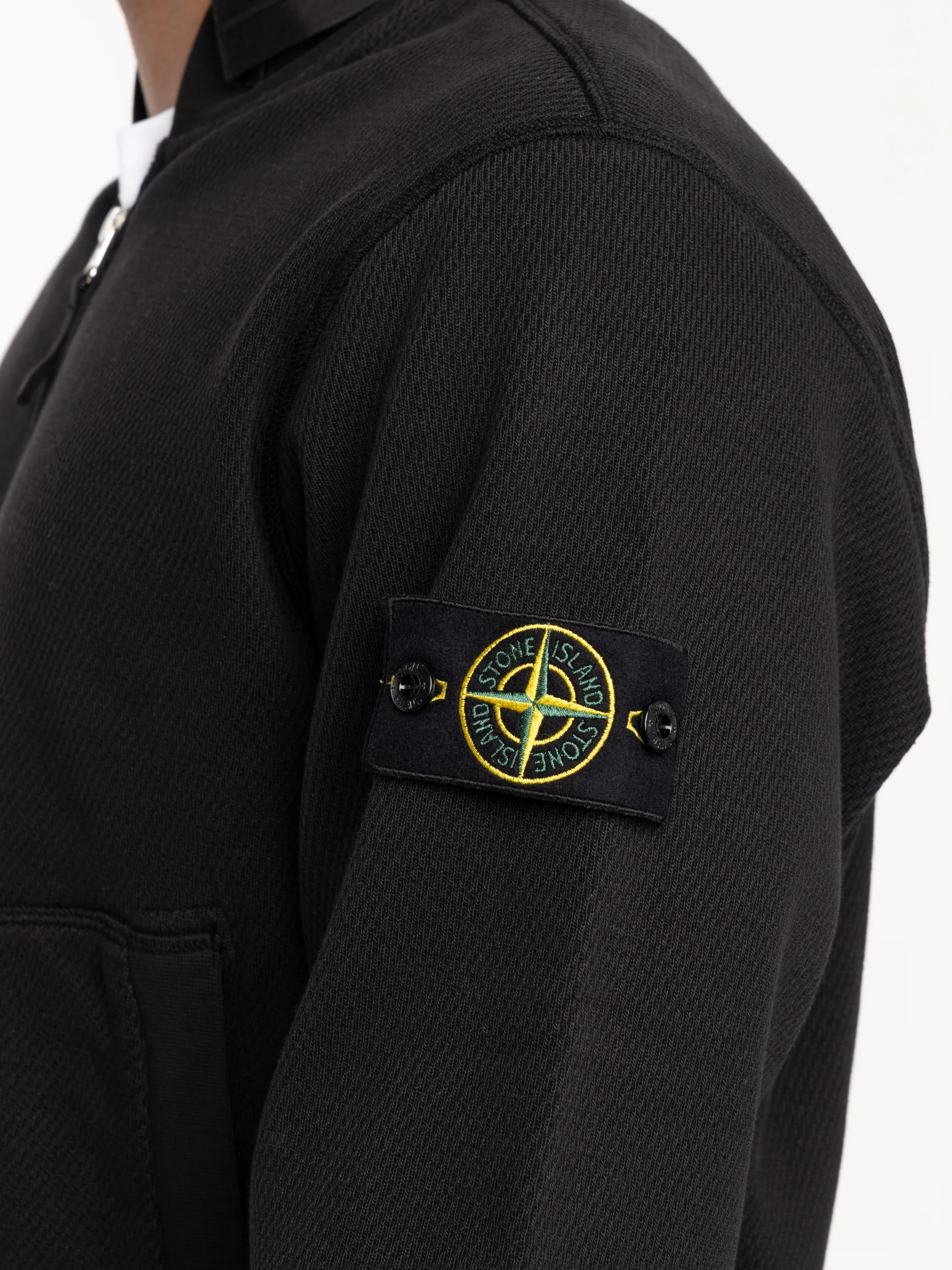 Black Mesh Stitch Organic Cotton Fleece Track Jacket with Pockets - Image 7