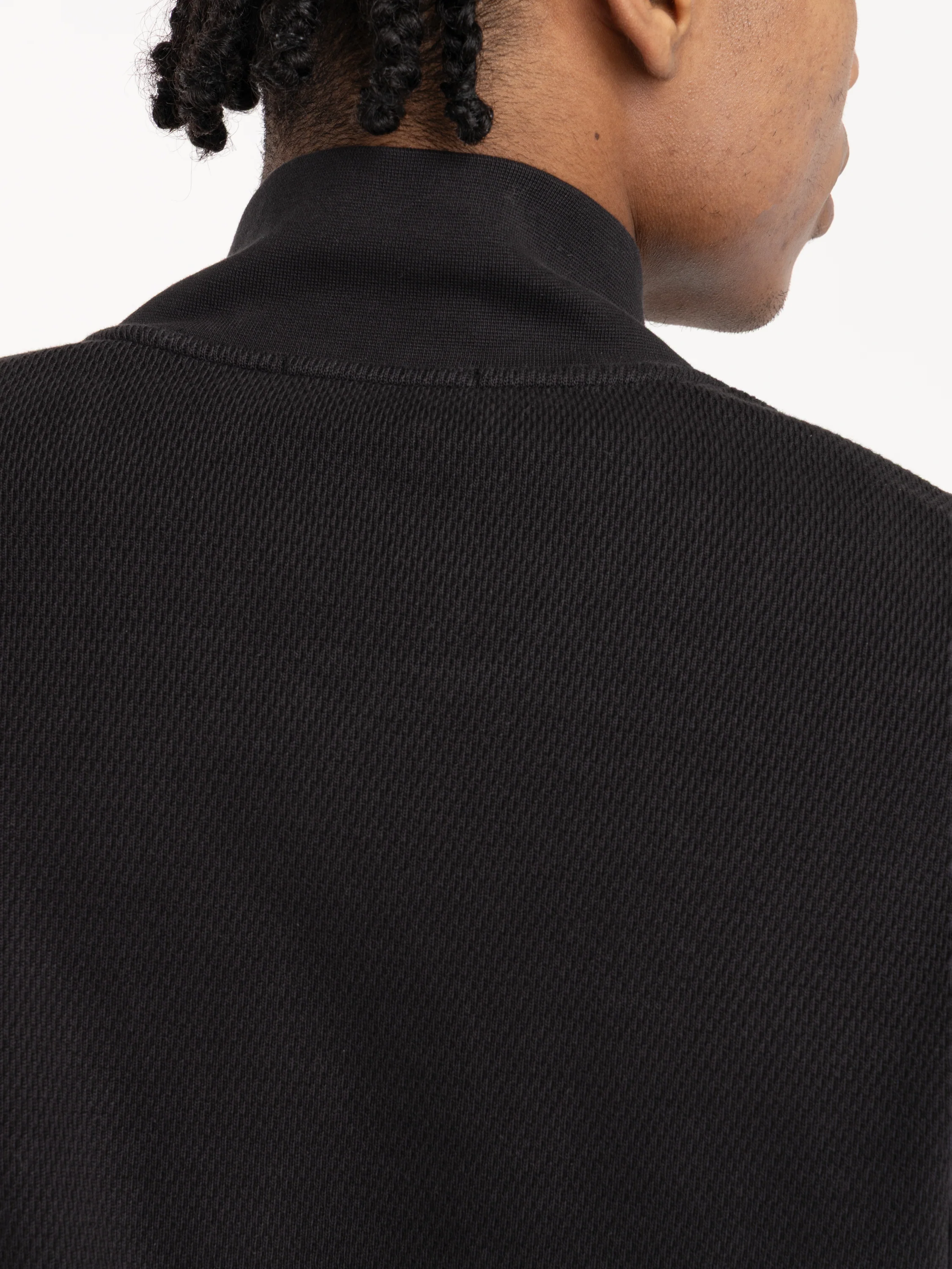 Black Mesh Stitch Organic Cotton Fleece Track Jacket with Pockets - Image 8