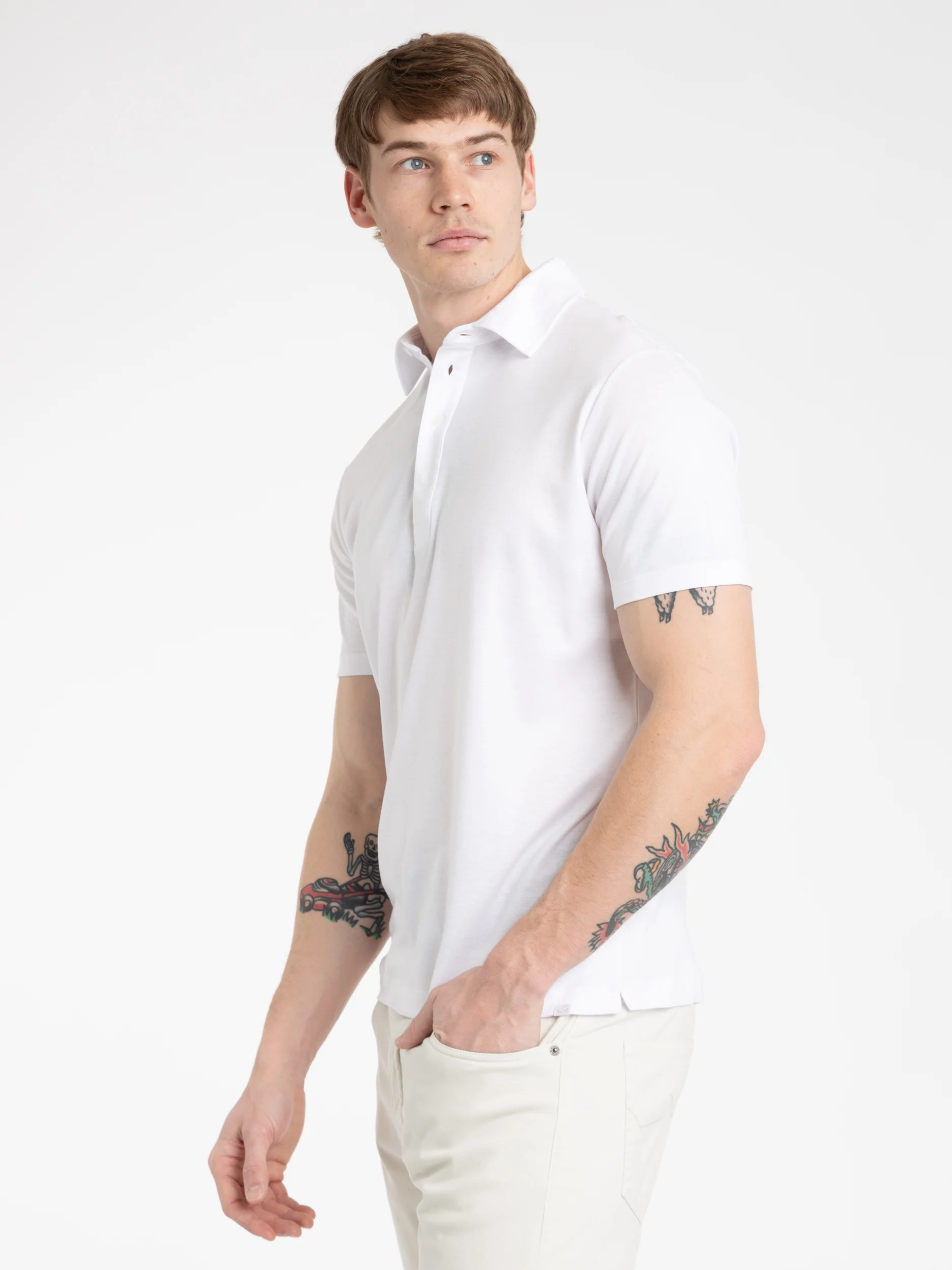 White Cotton Tencel Polo Shirt - Image 3