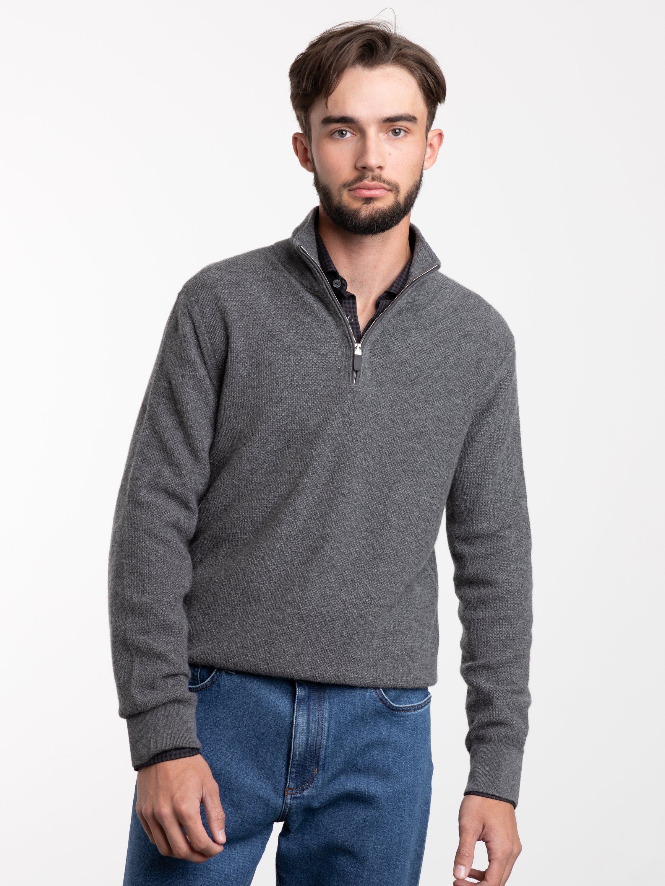 Grey Oasi Cashmere Mock Neck Quarter Zip